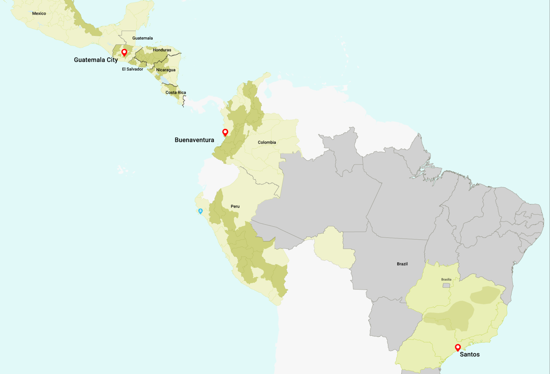 Map showing Wolthers & Associates locations across Latin America: Santos, Brazil; Buenaventura, Colombia; Guatemala City, Guatemala
